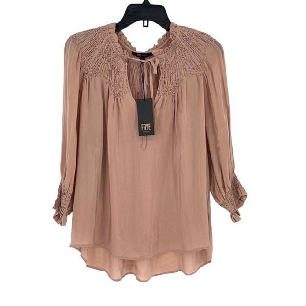 Frye Womens Cara Tie Front Smocked Long Sleeve Blouse Blush Size Small NWT